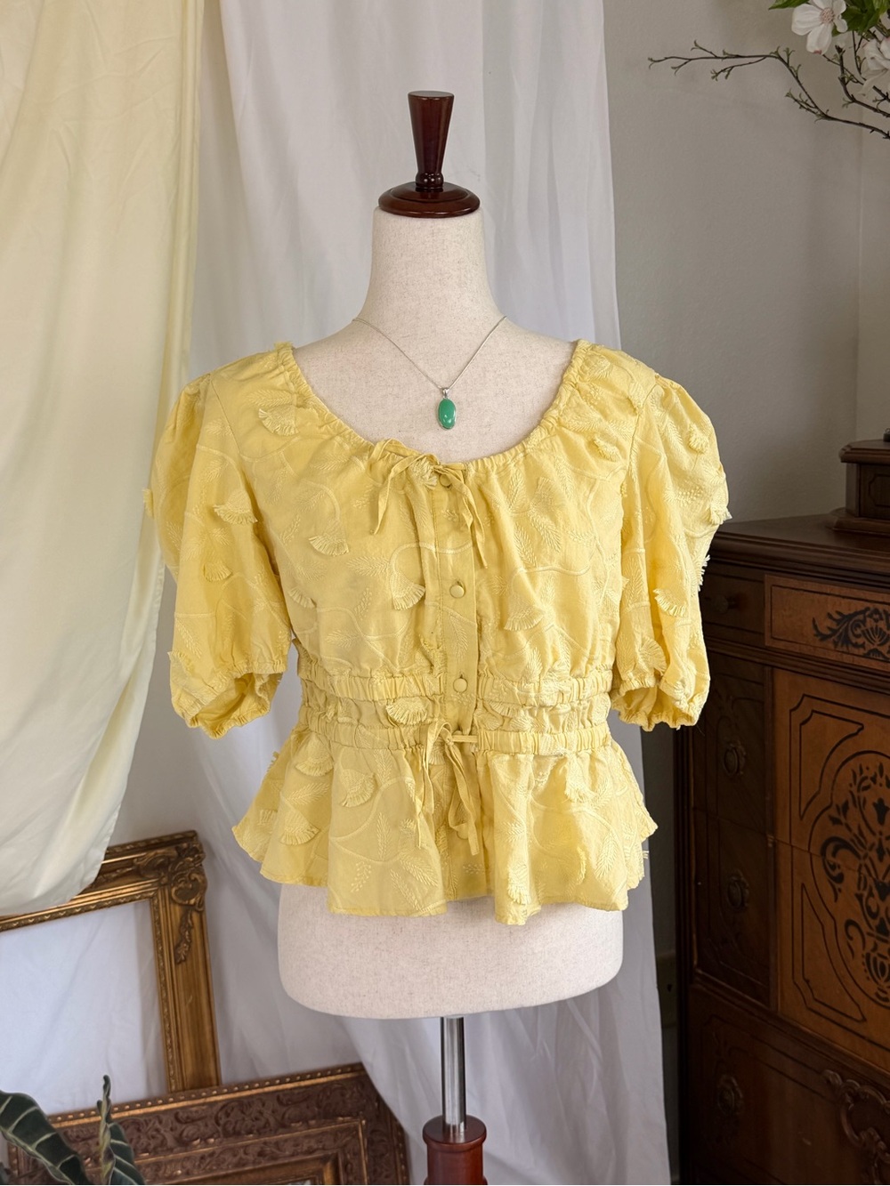 Joie Butter Yellow Textured Peplum Blouse Puff Sleeves XL Peasant Coastal